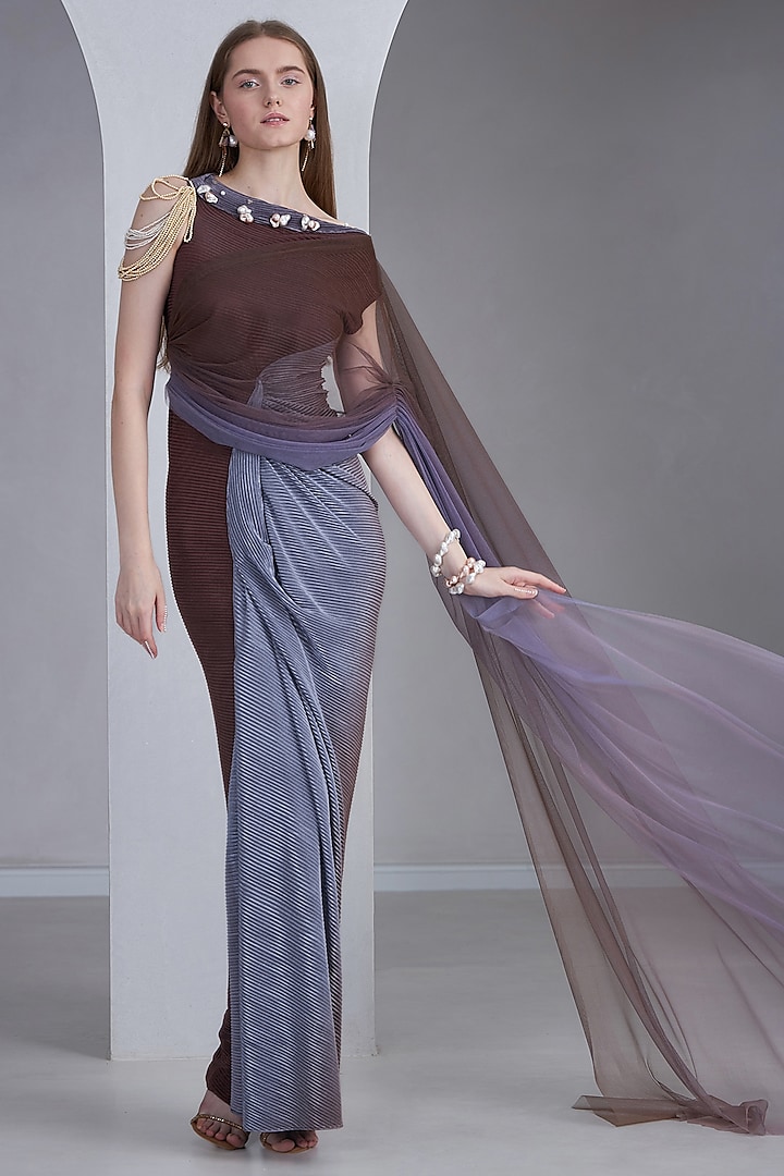 Old Mauve & Lavender Grey Self Pleated Stretch Pearl Embellished Draped Gown by Naina Seth