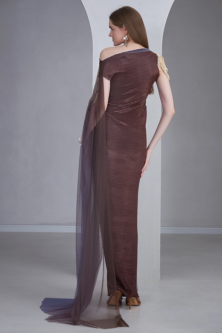 Old Mauve & Lavender Grey Self Pleated Stretch Pearl Embellished Draped Party Wear Gown by Naina Seth at Pernia's Pop Up Shop