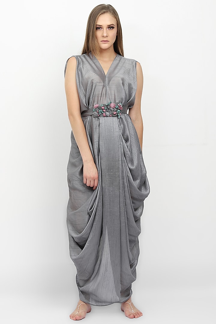 Grey Embellished Pleated Dress by Naina Seth