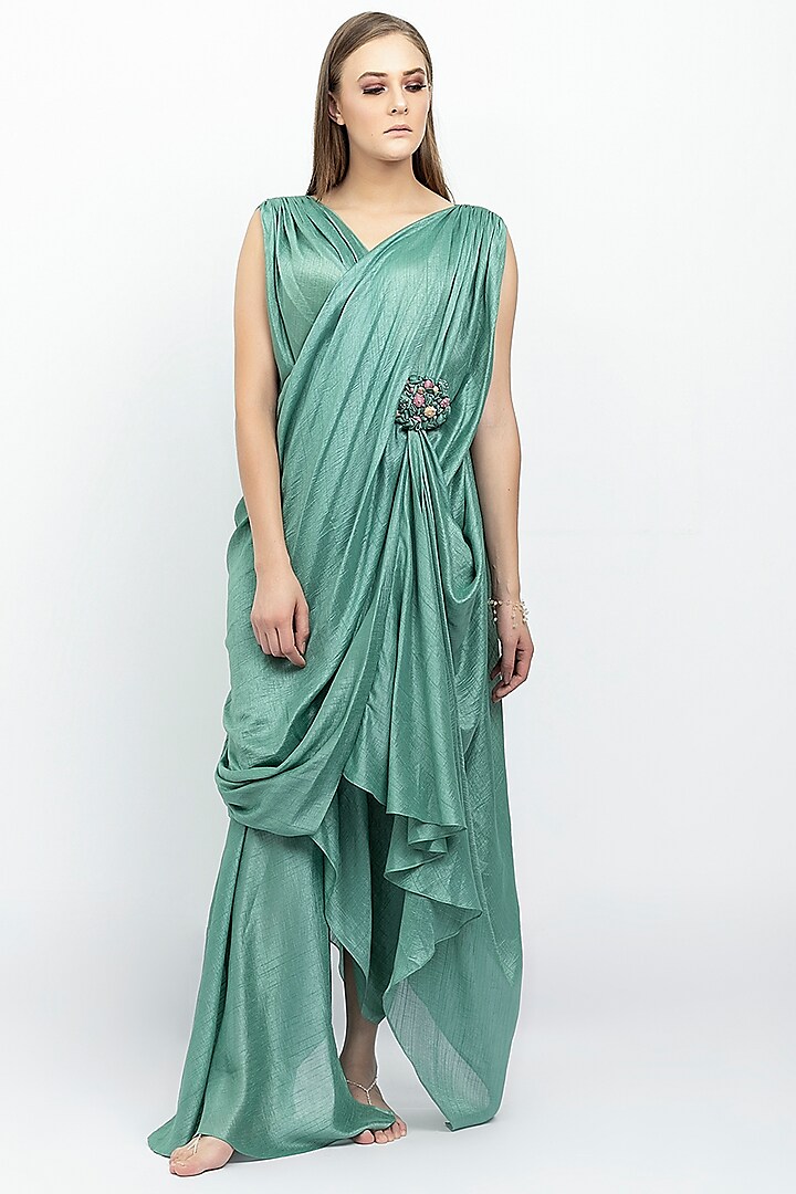 Sage Green Embellished Draped Dress by Naina Seth