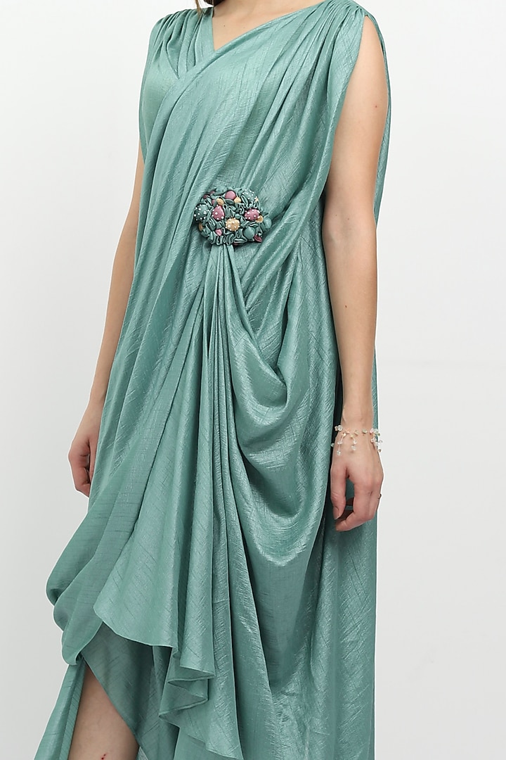 Sage Green Embellished Draped Summer Dress by Naina Seth at Pernia's Pop Up Shop