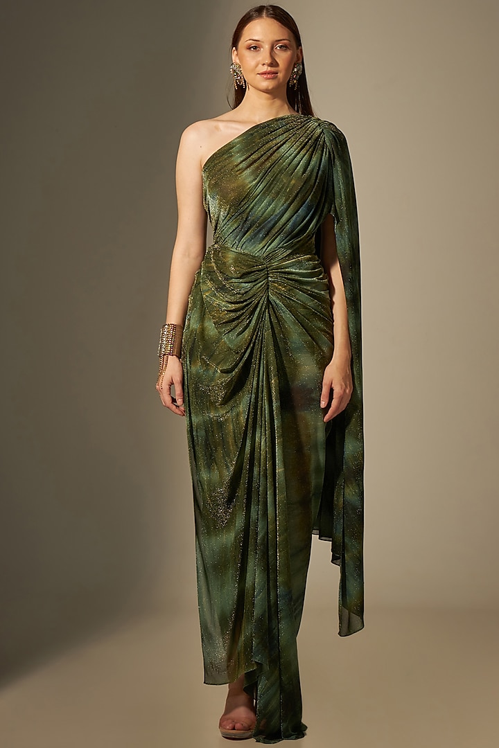 Green Tie-Dye Gown Saree by Naina Seth