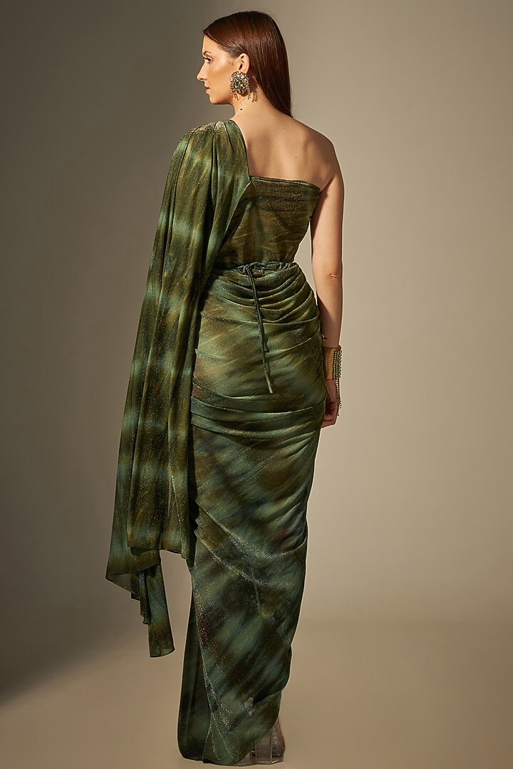 Green Tie-Dye Festive Gown Saree by Naina Seth at Pernia's Pop Up Shop