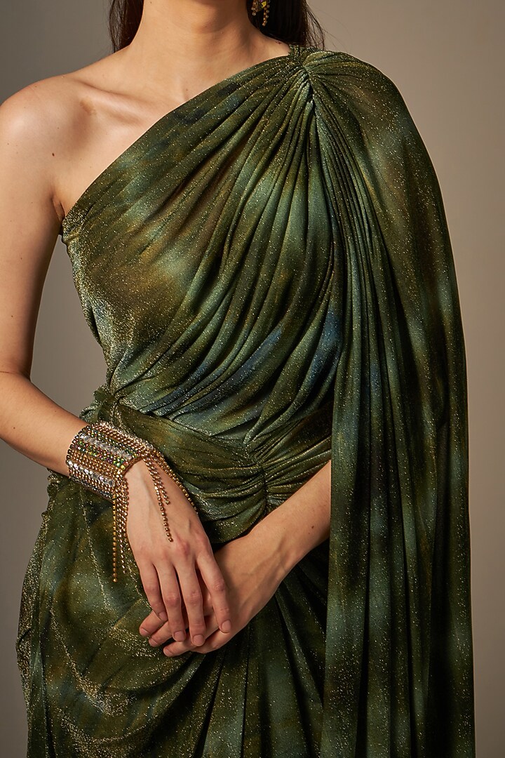 Green Tie-Dye Festive Gown Saree by Naina Seth at Pernia's Pop Up Shop