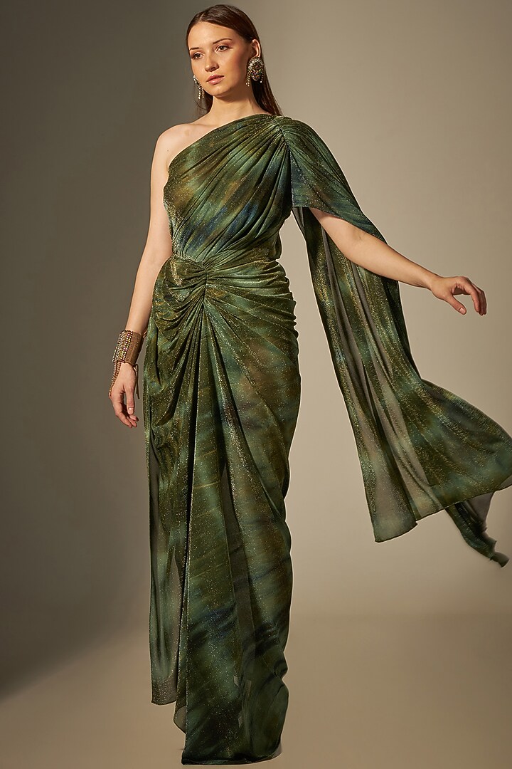 Green Tie-Dye Festive Gown Saree by Naina Seth at Pernia's Pop Up Shop
