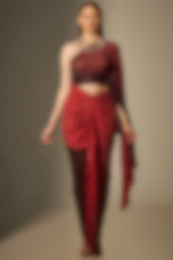 Maroon & Red Stretch Skirt Set by Naina Seth