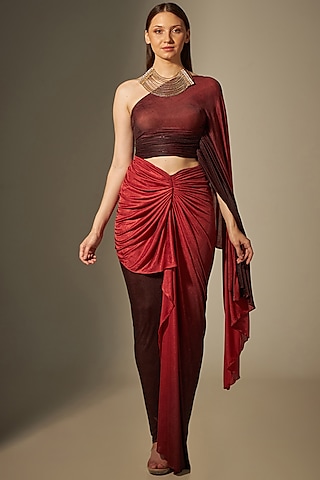 Maroon & Red Stretch Skirt Set by Naina Seth