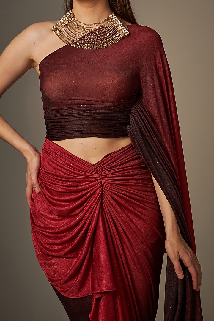 Maroon & Red Stretch Skirt Set by Naina Seth at Pernia's Pop Up Shop