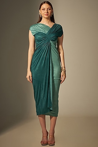 Green Stretch Draped Dress by Naina Seth