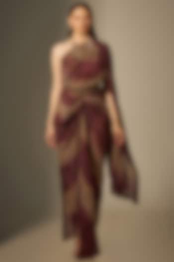 Maroon & Brown Tie-Dyed Gown Saree by Naina Seth