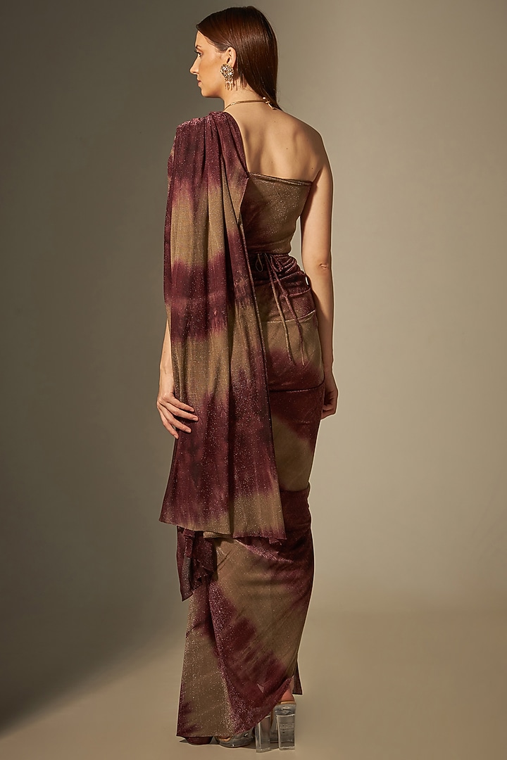 Maroon & Brown Stretch Shimmer One-Shoulder Tie-Dyed Festive Gown Saree by Naina Seth at Pernia's Pop Up Shop