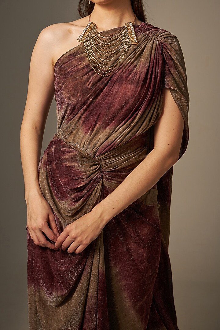 Maroon & Brown Stretch Shimmer One-Shoulder Tie-Dyed Festive Gown Saree by Naina Seth at Pernia's Pop Up Shop