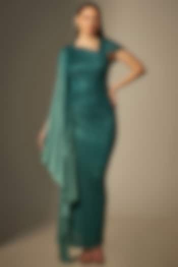 Green Stretch Draped Gown by Naina Seth
