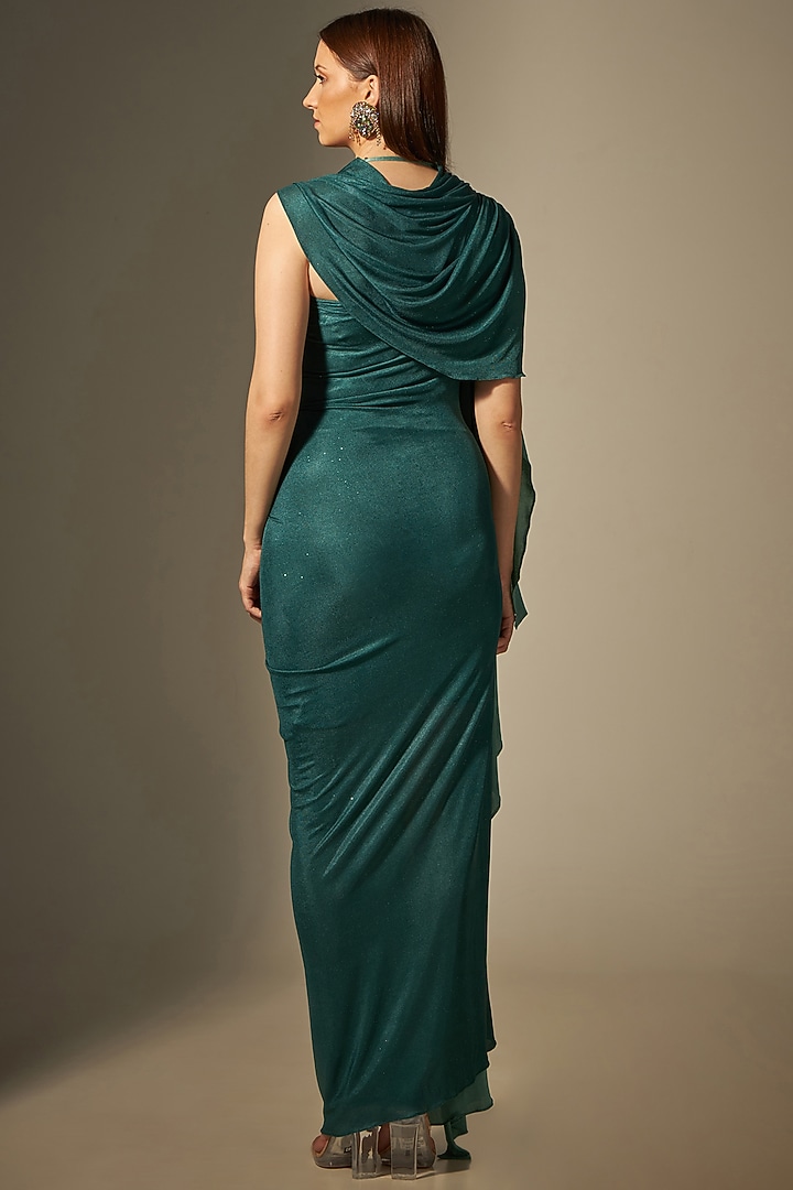 Green Stretch Draped Gown by Naina Seth at Pernia's Pop Up Shop