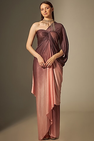 Wine Shaded Off-Shoulder Gown by Naina Seth