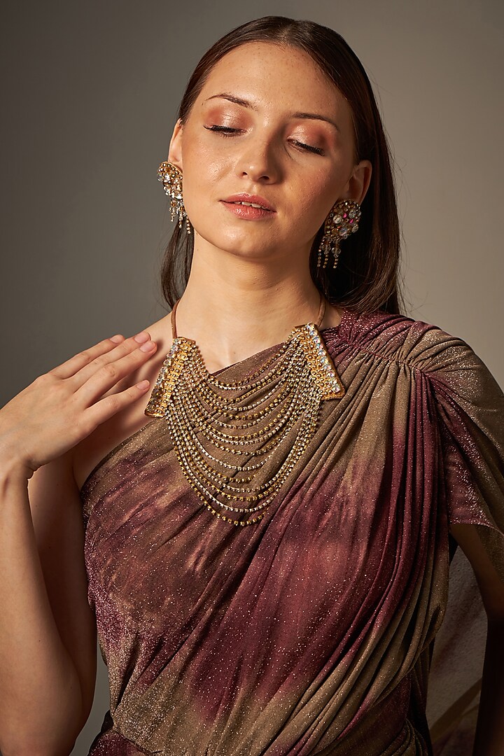 Gold Handmade Embroidered Necklace by Naina Seth
