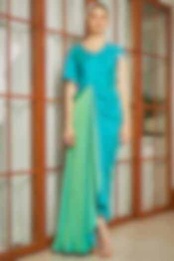 Blue & Green Silk Draped Dress by Naina Seth