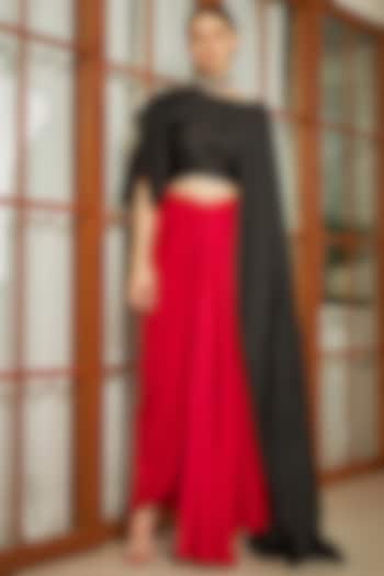 Red Silk Draped Skirt Set by Naina Seth