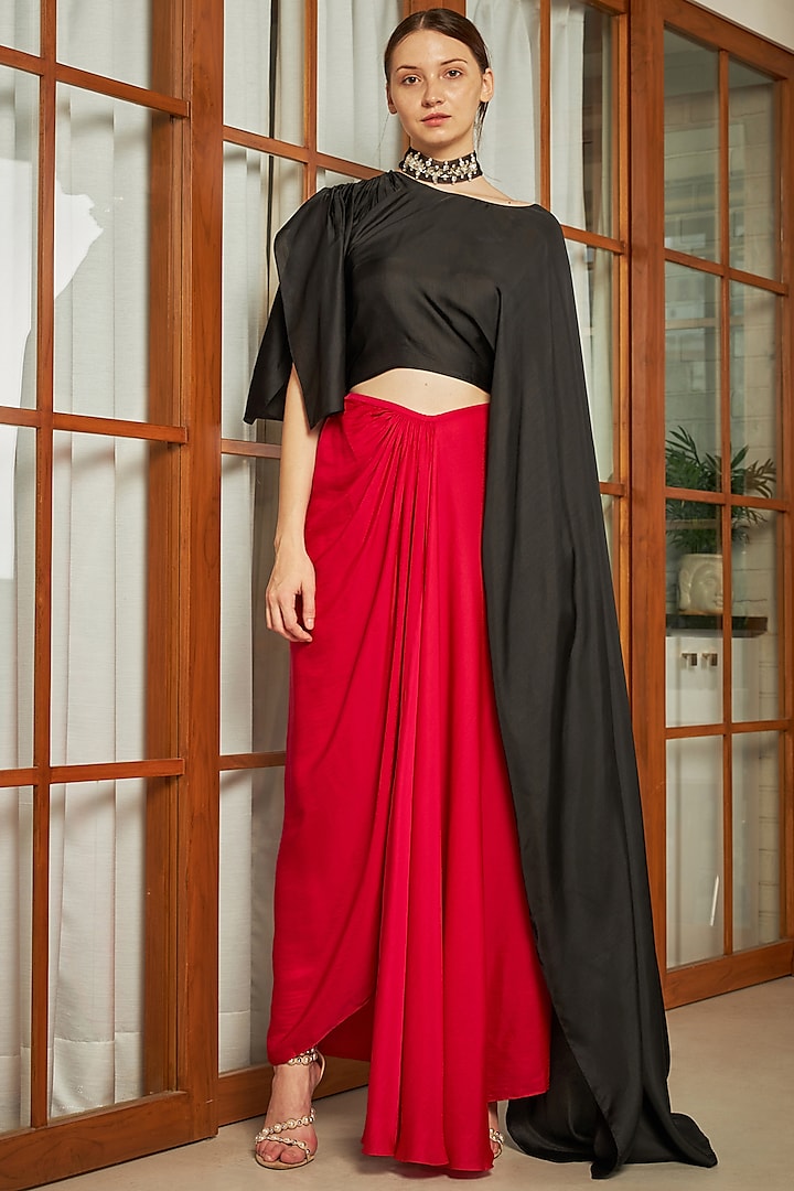 Red Silk Draped Skirt Set by Naina Seth