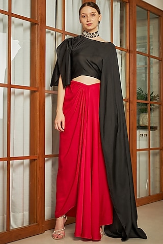 Red Silk Draped Skirt Set by Naina Seth