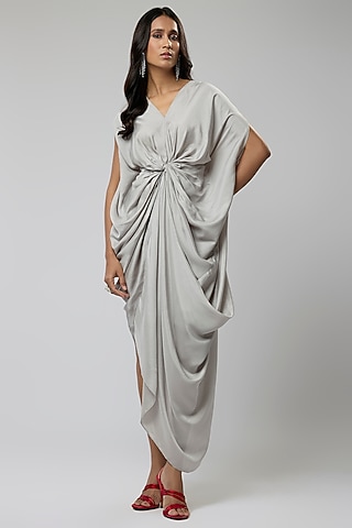 Silver Grey Vegan Silk Knotted Dress by Naina Seth