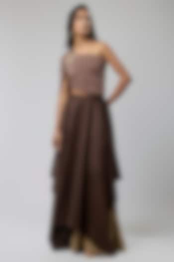 Brown Suede & Brocade Skirt Set by Naina Seth at Pernia's Pop Up Shop