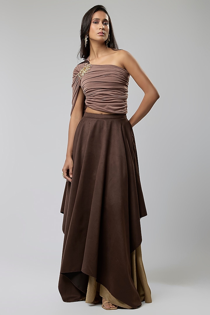 Brown Suede & Brocade Skirt Set by Naina Seth at Pernia's Pop Up Shop