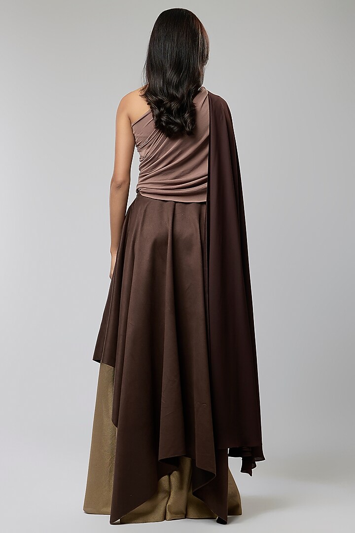 Brown Suede & Brocade Skirt Set by Naina Seth at Pernia's Pop Up Shop