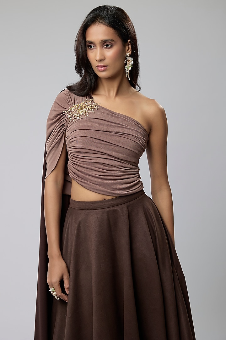 Brown Suede & Brocade Skirt Set by Naina Seth at Pernia's Pop Up Shop
