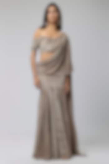 Dull Nude Self Pleated Stretch Draped Party Wear Gown Saree Set by Naina Seth at Pernia's Pop Up Shop