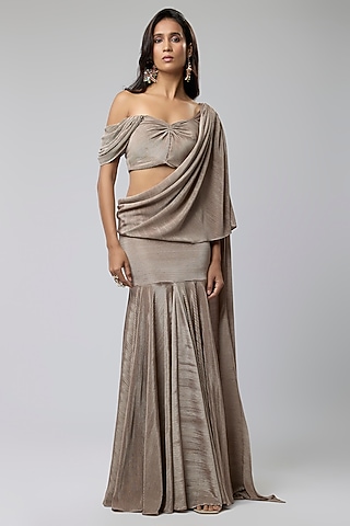 Dull Nude Self Pleated Stretch Draped Gown Saree Set by Naina Seth
