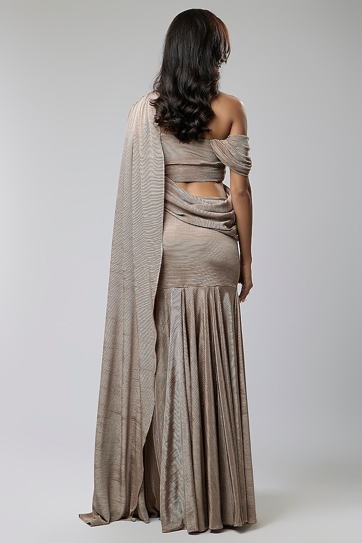 Dull Nude Self Pleated Stretch Draped Party Wear Gown Saree Set by Naina Seth at Pernia's Pop Up Shop
