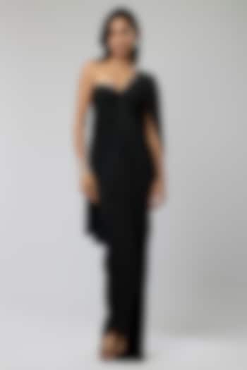 Black Stretch Knit Embellished Ruffled Draped Gown by Naina Seth at Pernia's Pop Up Shop