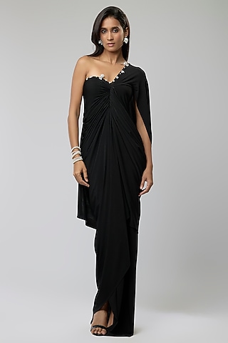 Black Stretch Knit Embellished Ruffled Draped Gown by Naina Seth