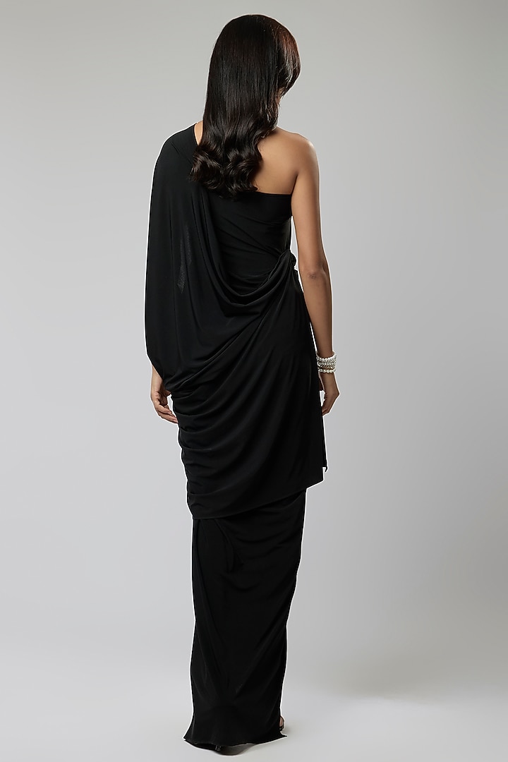 Black Stretch Knit Embellished Ruffled Draped Gown by Naina Seth at Pernia's Pop Up Shop