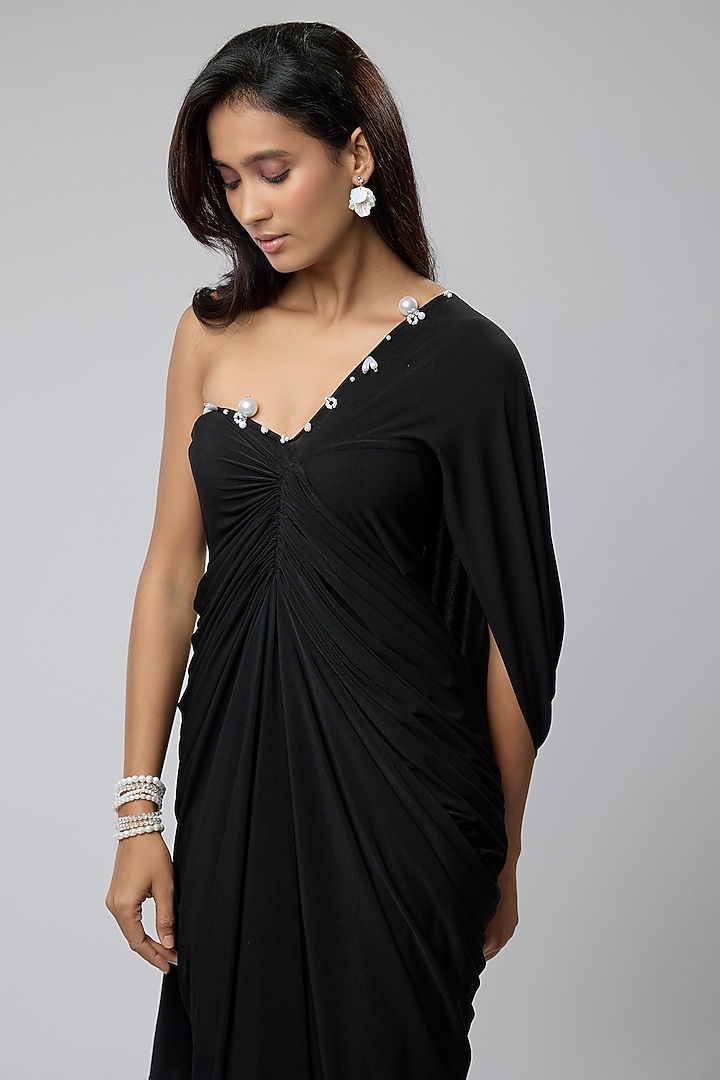 Black Stretch Knit Embellished Ruffled Draped Gown by Naina Seth at Pernia's Pop Up Shop