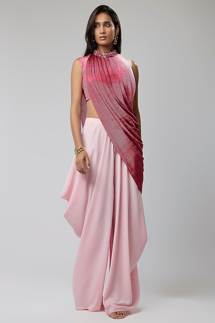 Rose Pink Formal Crepe Wide-Leg Cowl Pant Set by Naina Seth at Pernia's Pop Up Shop
