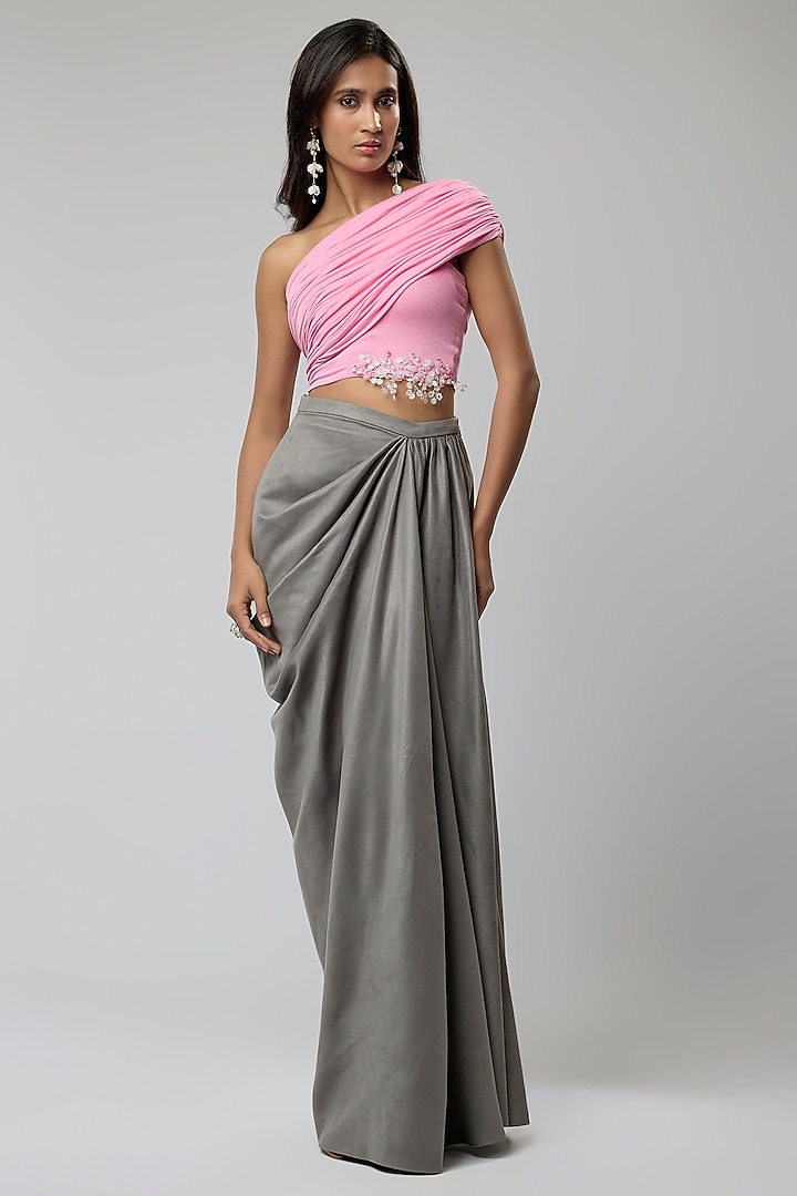 Grey Suede Draped Skirt Set by Naina Seth at Pernia's Pop Up Shop