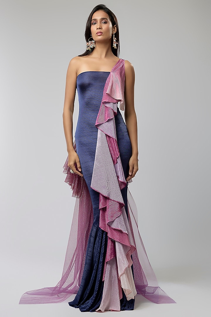 Navy Blue Ombre Tulle Ruffled Mermaid Party Wear Gown by Naina Seth at Pernia's Pop Up Shop
