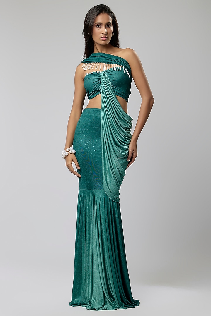 Green Ombre Stretch Embellished Skirt Set by Naina Seth at Pernia's Pop Up Shop