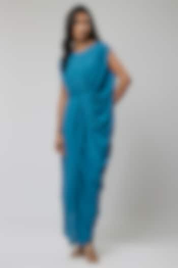 Teal Blue Moss Crepe Draped Summer Dress by Naina Seth at Pernia's Pop Up Shop
