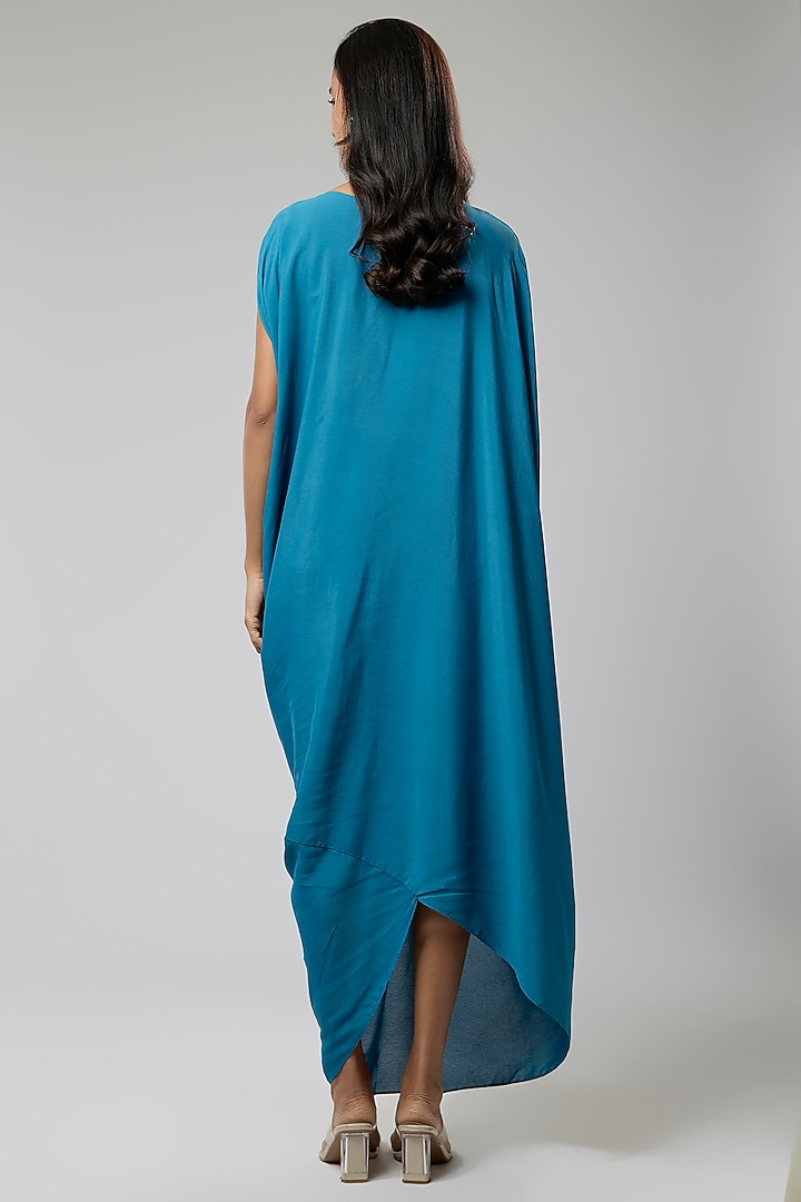Teal Blue Moss Crepe Draped Summer Dress by Naina Seth at Pernia's Pop Up Shop
