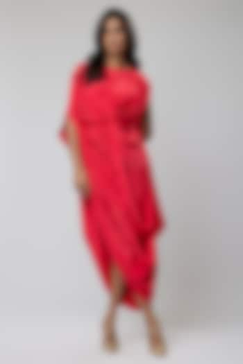 Red Crepe Draped Midi Summer Dress by Naina Seth at Pernia's Pop Up Shop