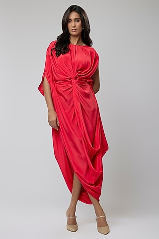 Red Crepe Draped Midi Dress by Naina Seth