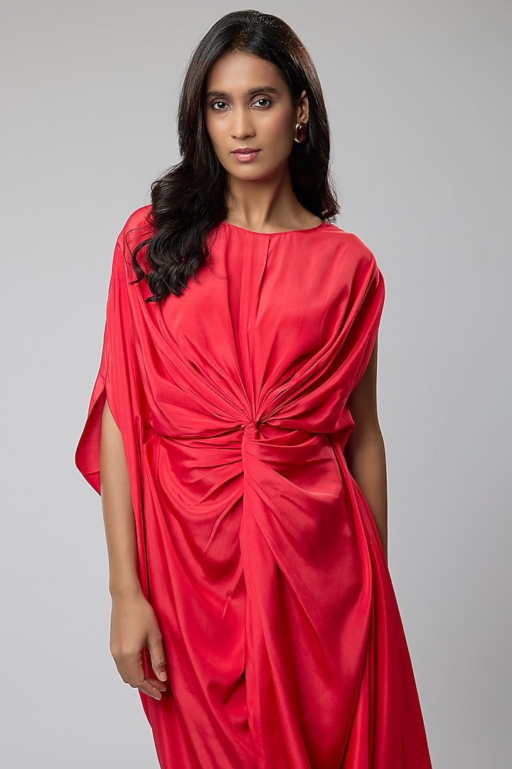 Red Crepe Draped Midi Summer Dress by Naina Seth at Pernia's Pop Up Shop
