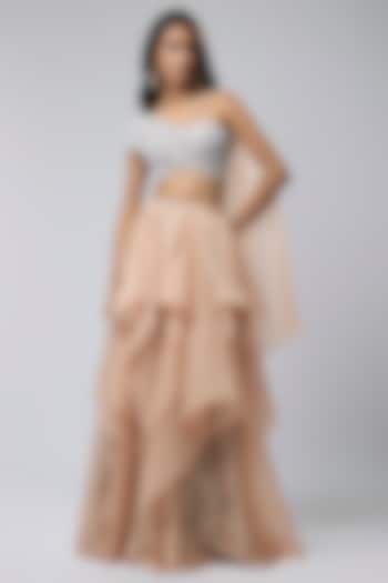 Peach Knit Jersey Organza & Printed Satin Lehenga Set by Naina Seth at Pernia's Pop Up Shop