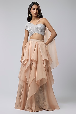 Peach Knit Jersey Organza & Printed Satin Lehenga Set by Naina Seth