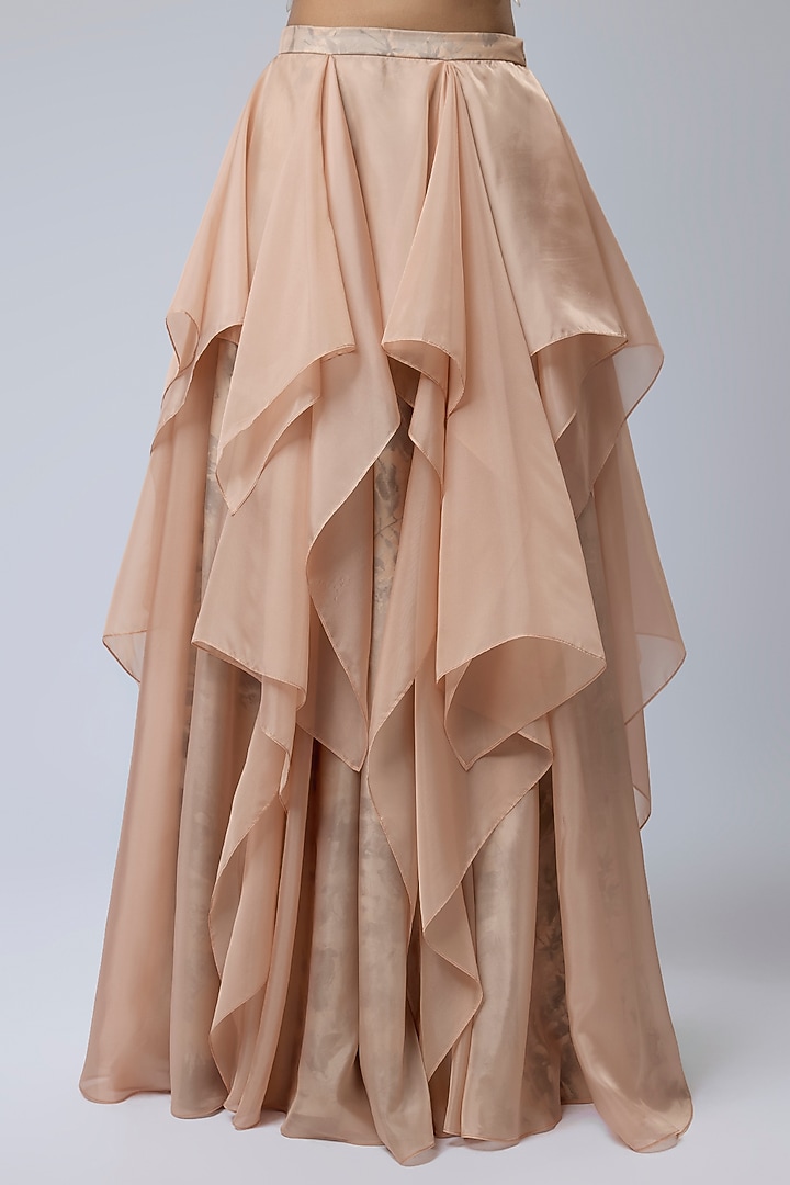 Peach Knit Jersey Organza & Printed Satin Lehenga Set by Naina Seth at Pernia's Pop Up Shop