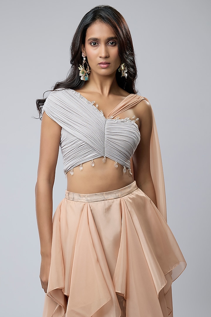 Peach Knit Jersey Organza & Printed Satin Lehenga Set by Naina Seth at Pernia's Pop Up Shop