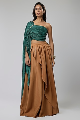 Bronze Suede High-Waisted Skirt Set by Naina Seth